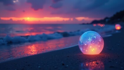 Gently glowing orbs illuminate the shore at twilight, mist, glow, shore