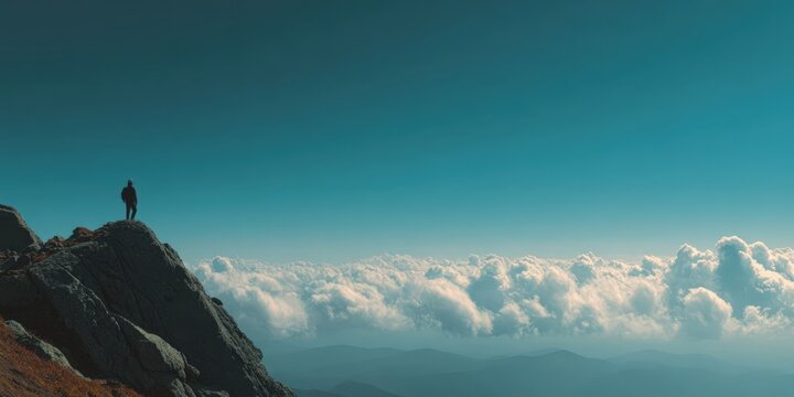 Man Standing on Mountain Peak Symbolizing Ambition and Personal Growth
