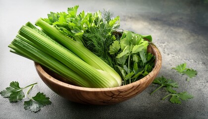 green vegetables healthy control with celery and cleansing concept fresh greens and herbs in a wooden bowl on a textured surface