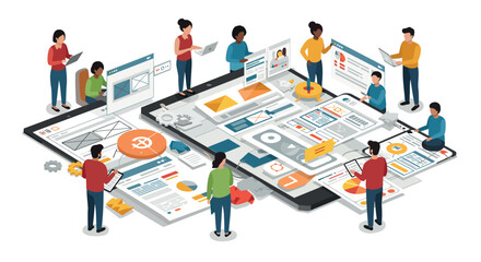 Collaborative teamwork in digital project management with isometric design