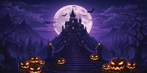 A majestic, gothic-style castle sits atop a mountain at night, illuminated by a full moon and lit lanterns. © SWEET