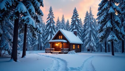 Cozy cabin nestled in a snowy, enchanted forest , home, winter wonderland, snow