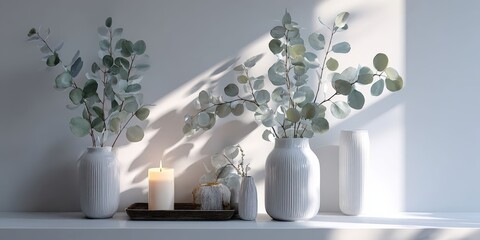Minimalist White Interior with Eucalyptus, Candle, and Natural Light for Relaxing Home Decor