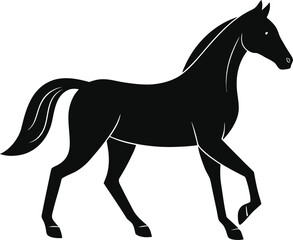 Obraz premium Black silhouette of a horse with a flowing mane and tail walking gracefully on a white background