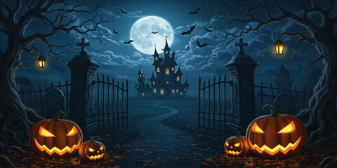 Spooky Halloween Scene with Haunted Mansion and Jack-o'-lanterns