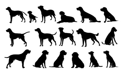 Various dog breed silhouettes in multiple poses — perfect for veterinarians, dog trainers, and animal lovers. Includes loyal, friendly, domestic canine vector outlines for fetch, bark, crate, grooming