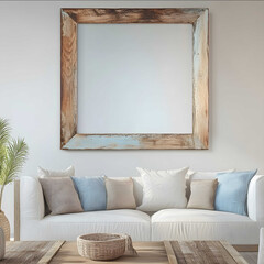 squere wood paint frame blank on a white wall in a beach style living room color palet light brown
