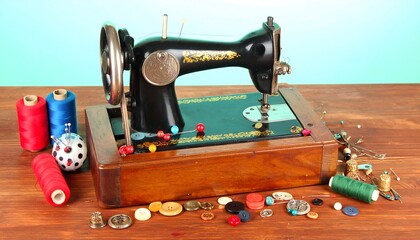 Vintage sewing machine and supplies on a wooden table
