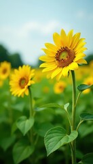Obraz premium Bright yellow sunflowers stand tall in a lush green field , sunflowers, flowers