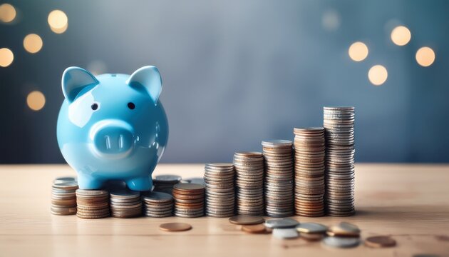 wealth planning efficiency through goals and savings concept blue piggy bank on coins symbolizing savings and financial growth - Powered by Adobe