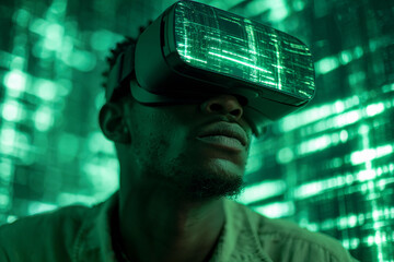 African American Man in VR Glasses in Futuristic Room. Gamer Immersed in Virtual Reality