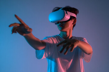 Man in virtual reality glasses in a futuristic room. Virtual reality immersion gamer