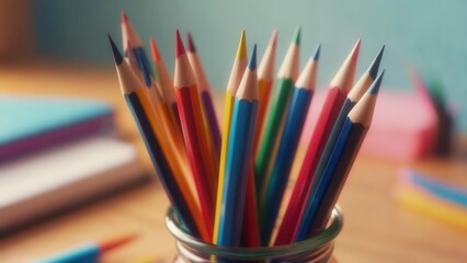 Fototapeta premium A close-up of a collection of brightly colored pencils standing upright in a glass jar on a wooden desk, with notebooks and other supplies in the background. Concept of creativity and education