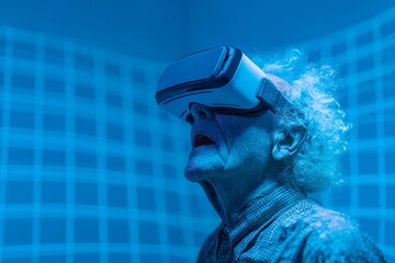 old man wearing virtual reality glasses in a futuristic room. elderly gray-haired man immersed in virtual reality