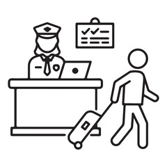 Airport Security Checkpoint Scene a Passenger Going Through Security with an Officer and Luggage in a Black and White Line Drawing