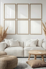 wall art mockup in a modern minimalist living room with a set of 6 mock up frames on the wall The frames are portrait orientation