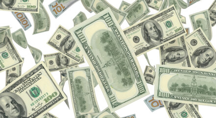 Falling one hundred dollar bills isolated on transparent background