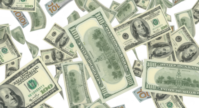 Falling one hundred dollar bills isolated on transparent background