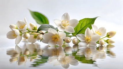 Obraz premium Fresh White Jasmine Flowers With Green Leaves Reflected On A Shiny Surface image photo
