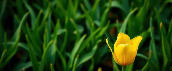 A single vibrant yellow tulip stands out against a lush green backdrop, bright, image