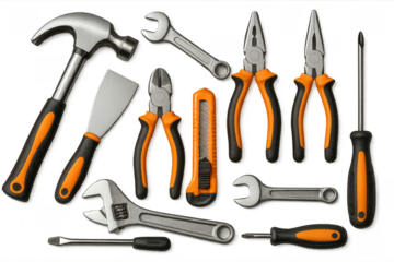 Assorted hand tools lying on transparent background
