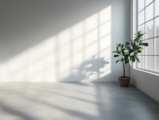 a room with a concrete floor white walls and a window casting sunlight from the right also a flowerpot with a plant in it