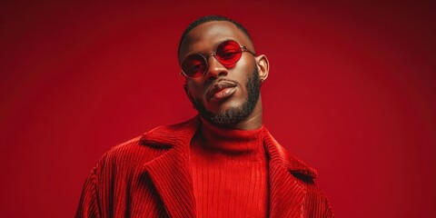 Stylish and Confident African American Man in Red Outfit Posing in Studio