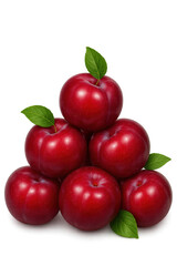 Obraz premium Pile of fresh red plums with green leaves on transparent background