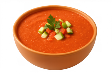 Cold gazpacho in rustic ceramic bowl, topped with diced cucumber, carrot, parsley garnish, resting on clear surface