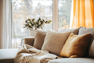 A photo of a cozy living room with a plush sofa soft throw pillows and a warm blanket draped over the armrest A large window allows natural light to fill the room c