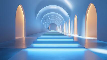 Serene Blue and Orange Architectural Corridor with Illuminated Steps