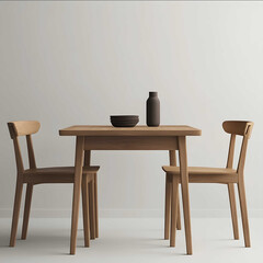 side elevation of oak table with 2 chairs clear background 8K HD photorealistic