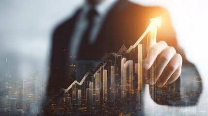 Businessperson points to a growing graph over a cityscape