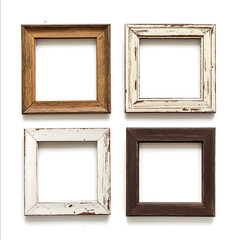 set of 4 individual thin blank wooden frames old used weathered brown cream aged isolated on a white background
