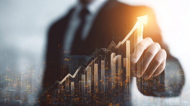 Businessperson points to a growing graph over a cityscape