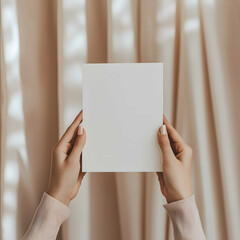 A woman with French manicure hands is holding a 5x7 inch blank card on beige light curtain This scene is very suitable for mockups to be used for invitations