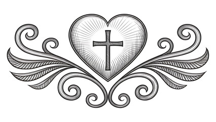 Elegant hand drawn sketch of a heart featuring a christian cross surrounded by ornate decorative swirls and flourishes