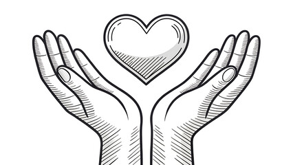Two open hands gently holding and protecting a delicate sketched heart symbol above them with care
