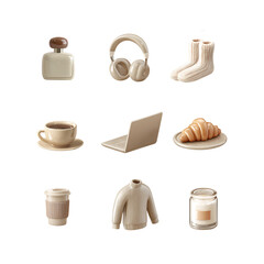 Cozy home and work items. Glossy 3D icons in beige tones.