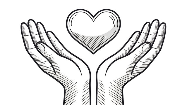 Two open hands gently holding and protecting a delicate sketched heart symbol above them with care