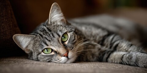 Gray Tabby Cat Relaxing on Couch in Cozy Home Setting