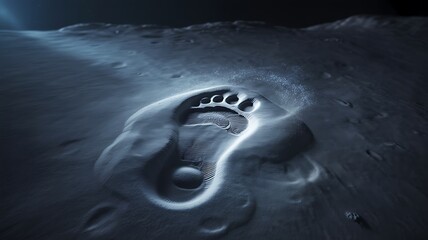 Lone footprint imprinted in vast, desolate lunar landscape under dramatic lighting.