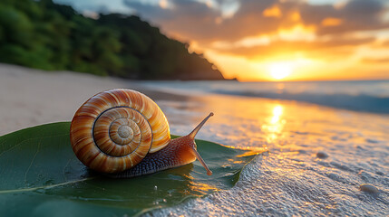 Snail on a Leaf at Sunset on Tropical Beach