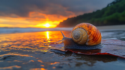 Snail at Sunset on Tropical Beach