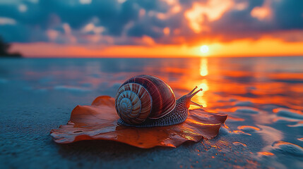 Snail on a Leaf at Sunset on the Beach