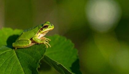 Obraz premium Small green frog perched on a leaf