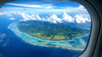 Aerial View of Tropical Island Paradise from Airplane Window