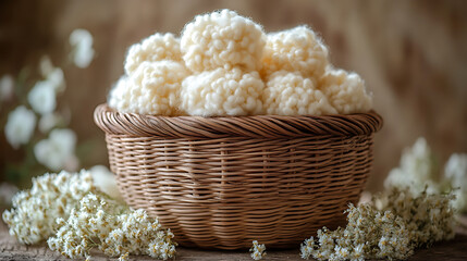Soft White Yarn Balls in a Rustic Wicker Basket