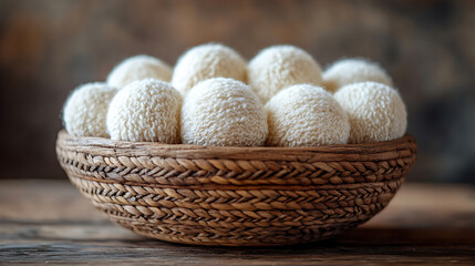 Soft White Laundry Balls in Rustic Woven Basket