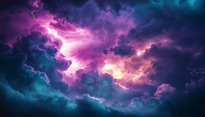 Surreal Rainstorm Landscape with Vivid Lightning and Glowing Purple Clouds Over Mountain Road
